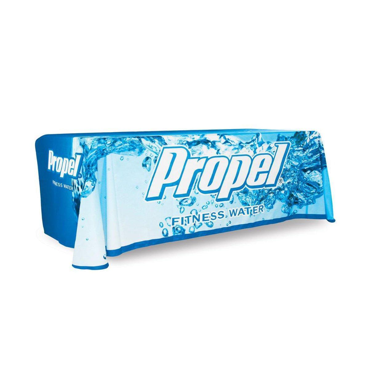 8ft full table throw branded with Propel Fitness Water for trade shows and exhibitions