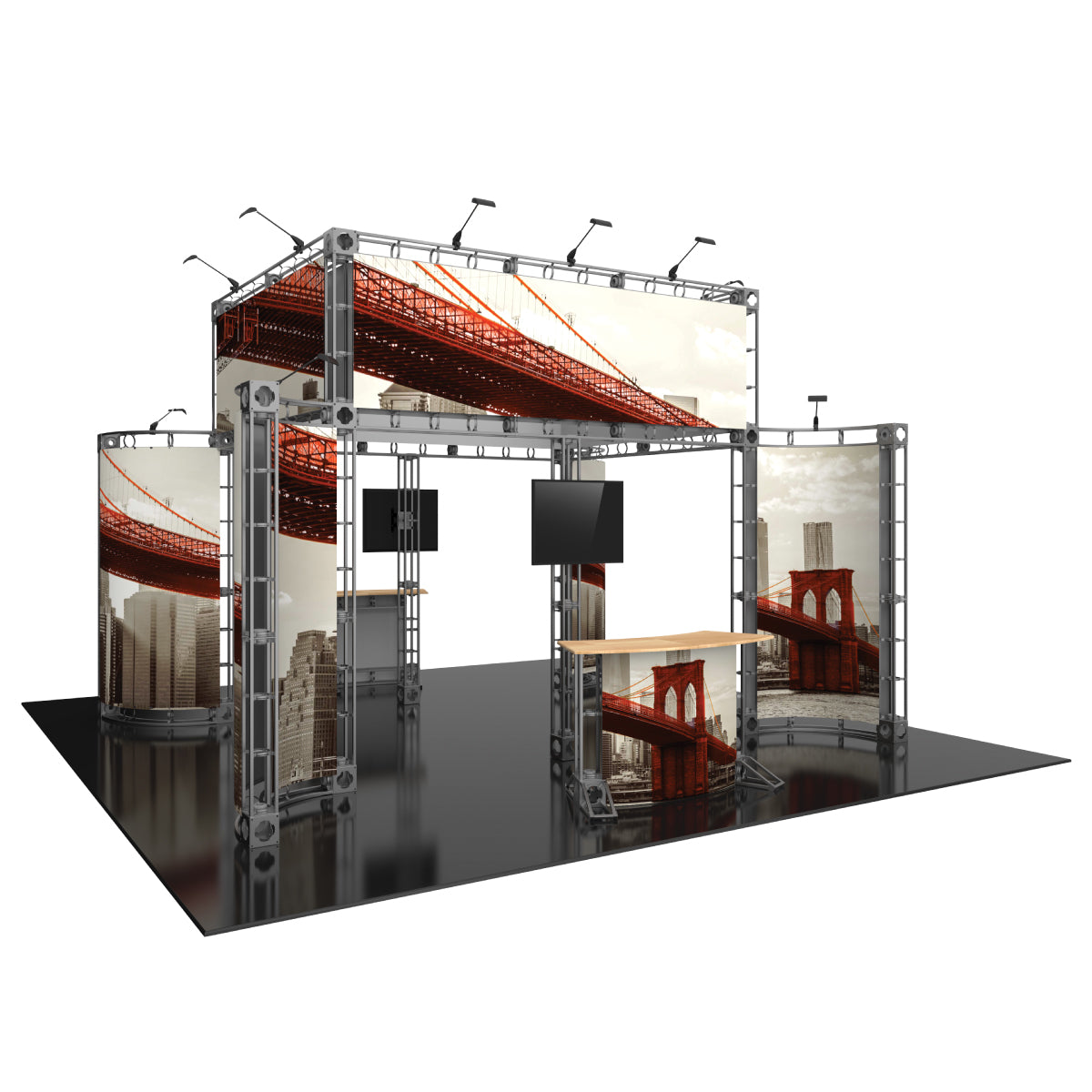 Trade show display with modular truss frame, large printed panels, mounted monitors, and counters for exhibitions