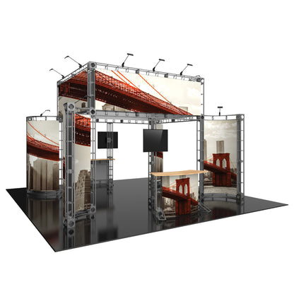Trade show display with modular truss frame, large printed panels, mounted monitors, and counters for exhibitions