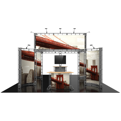 Modular trade show exhibit with large graphic panels and monitor stand for exhibitions and events