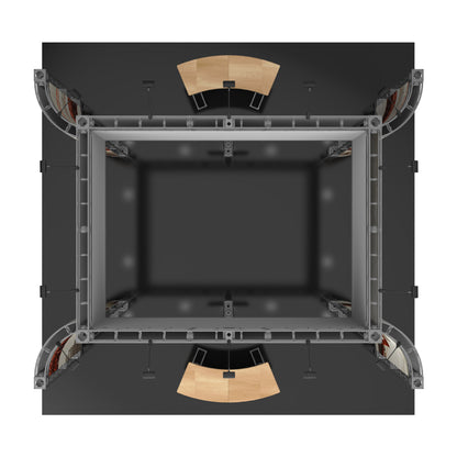 Top view of modular truss display setup with two curved meeting counters for trade shows and exhibitions