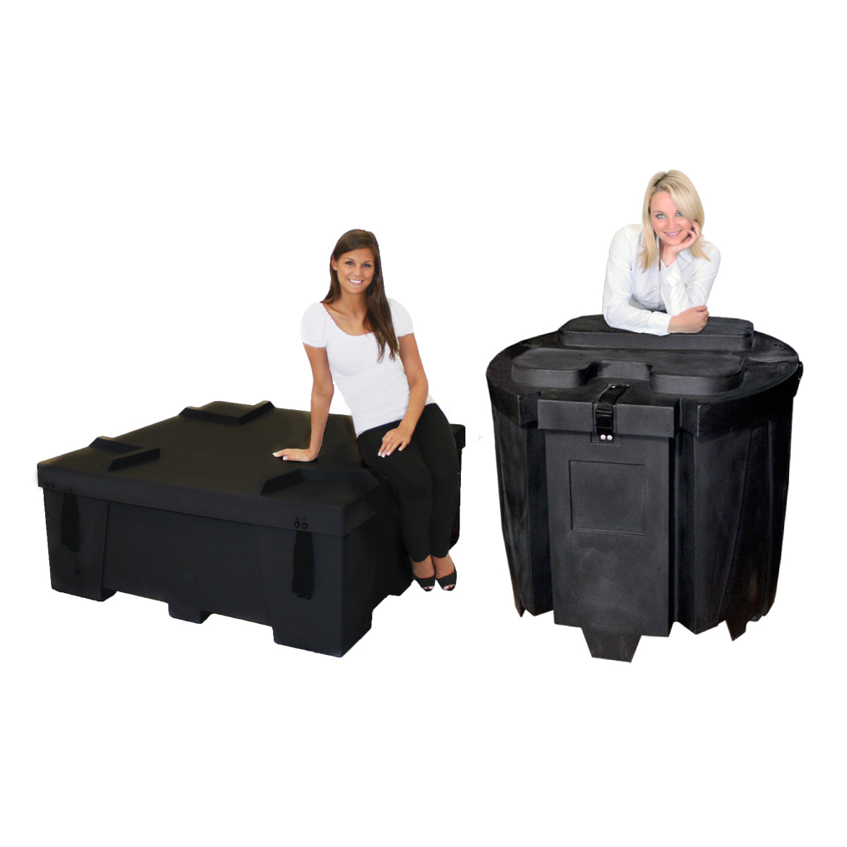 Two women interacting with large modular display cases for trade shows and exhibitions
