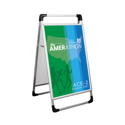 Portable A-frame outdoor sign for trade shows and special events displaying marathon advertisement
