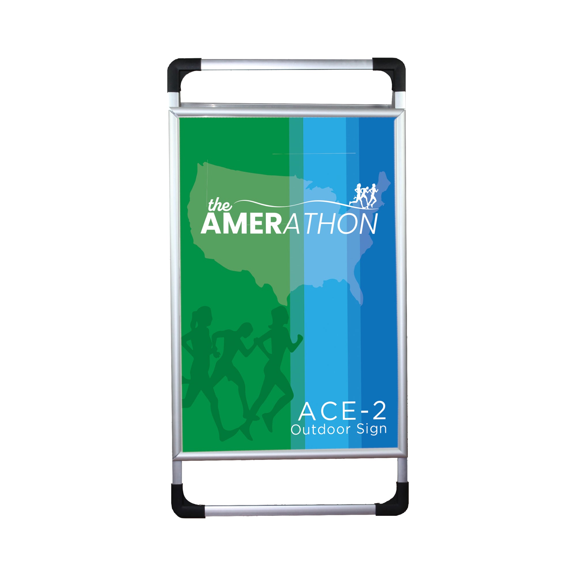Outdoor sign frame with graphic display promoting Amerathon event, ideal for trade shows and exhibitions