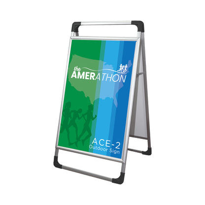 Portable outdoor sign stand featuring marathon event graphic for trade shows and exhibitions