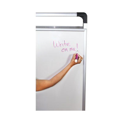 Whiteboard with hand writing 'Write on me!' using marker for trade show presentations and exhibitions