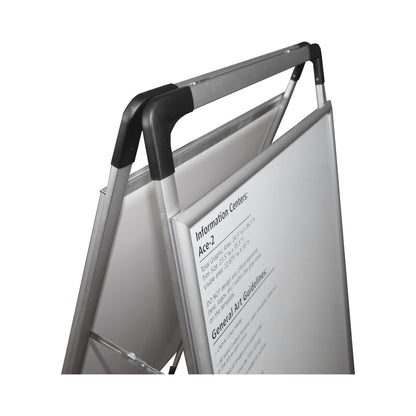 Double-sided freestanding information board with metal frame for trade shows and exhibitions