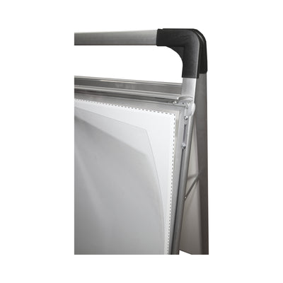 Close-up of trade show sign frame with corner protectors and removable graphic panel for exhibitions