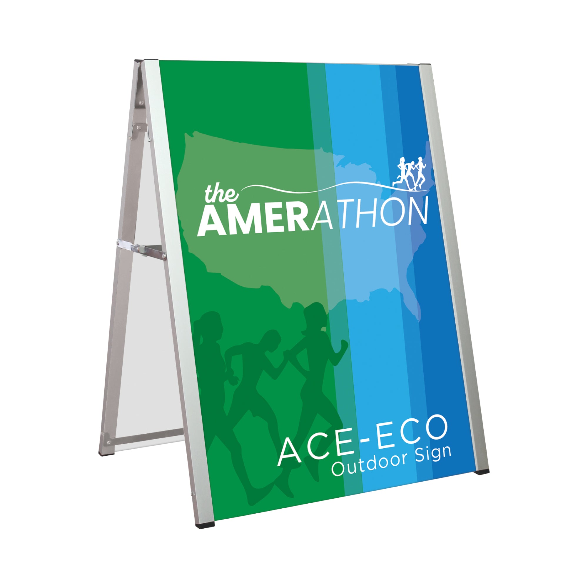 A-frame outdoor sign featuring running event graphics, ideal for trade shows and special events