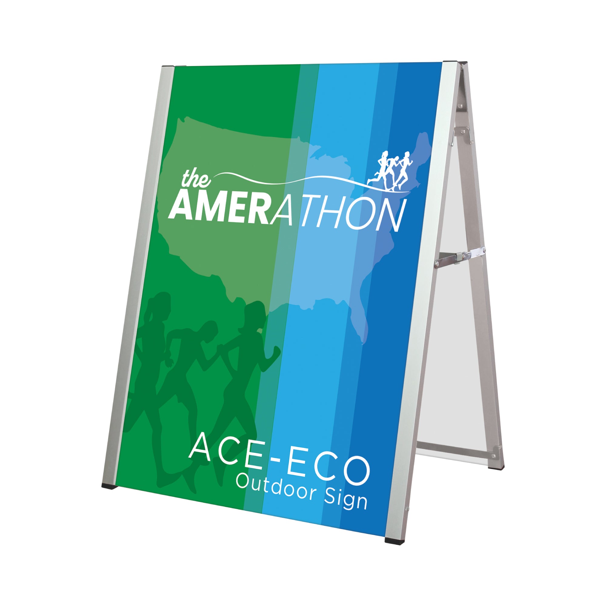 A-frame outdoor sign featuring runners graphic and event branding for trade shows and exhibitions