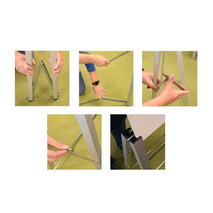 Hands assembling trade show display stand frame with metal support bars and connectors