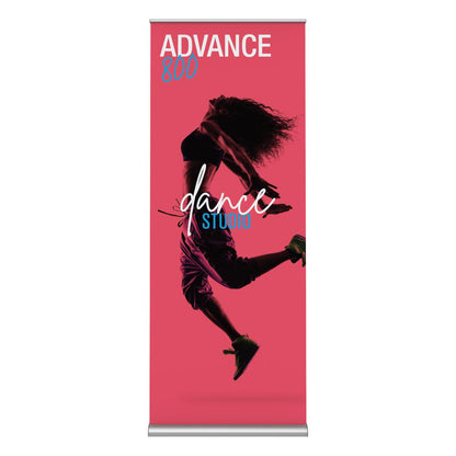 Double-sided retractable banner stand featuring dynamic dance studio advertisement for trade shows and exhibitions