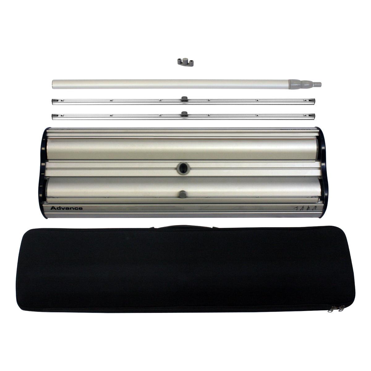 Disassembled double-sided banner stand components with carrying case for trade shows and exhibitions