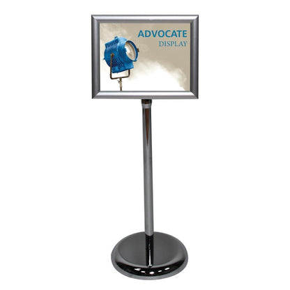 freestanding sign holder with frame displaying promotional content for trade show and event display