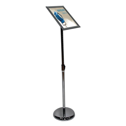 Adjustable sign holder stand ideal for trade shows and exhibitions with a tilted frame for displaying information