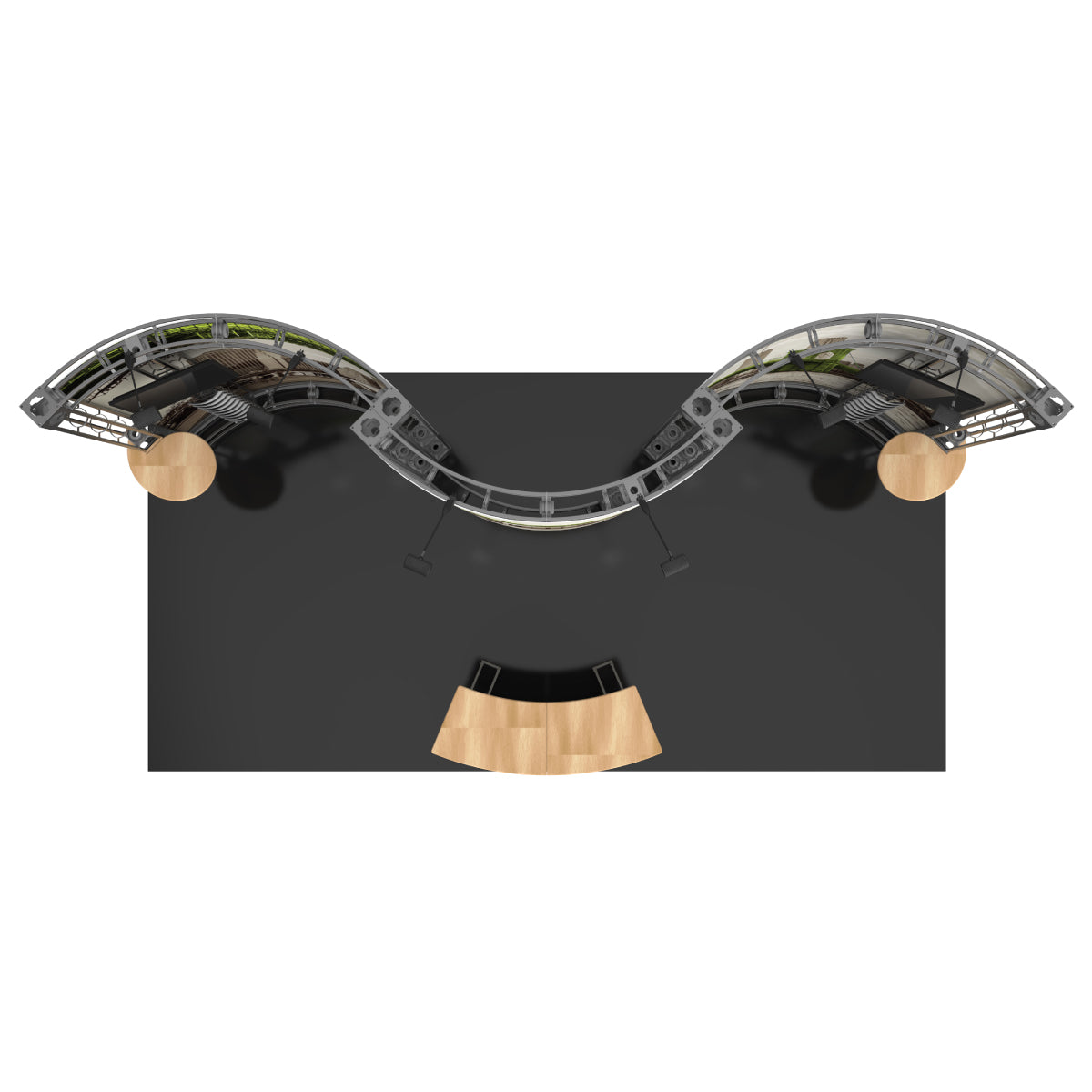 Curved truss display system with spotlights and counters for trade shows and special events