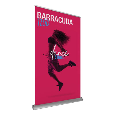 Retractable banner stand for trade shows featuring dynamic dance studio advertisement with a jumping dancer