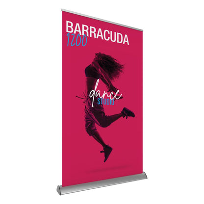 Retractable banner stand for trade shows featuring dynamic dance studio advertisement with a jumping dancer