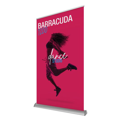 Retractable banner stand displaying dynamic dance studio advertisement for trade shows and exhibitions