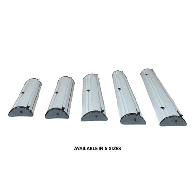 Retractable banner stands in five sizes for trade shows, exhibitions, and special events