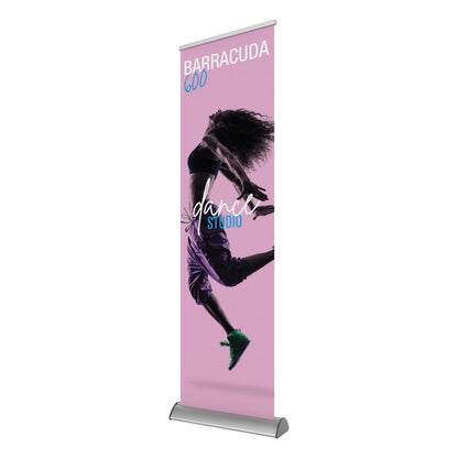 Vertical banner stand featuring dynamic dancer image and text for trade shows, exhibitions, and events