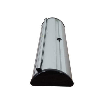 Compact retractable banner stand base for trade shows and exhibitions