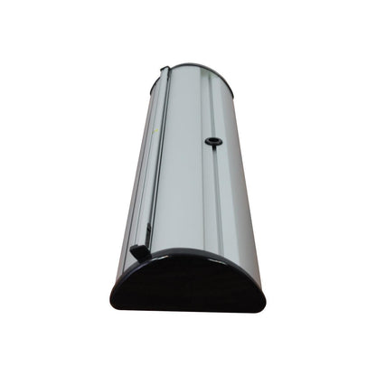 Compact retractable banner stand base for trade shows and exhibitions