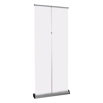 Retractable banner stand for trade shows and exhibitions with a blank printable display area