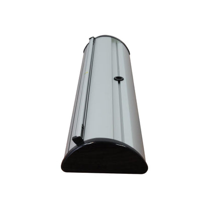 Closed portable banner stand case for trade shows and exhibitions with locking mechanism