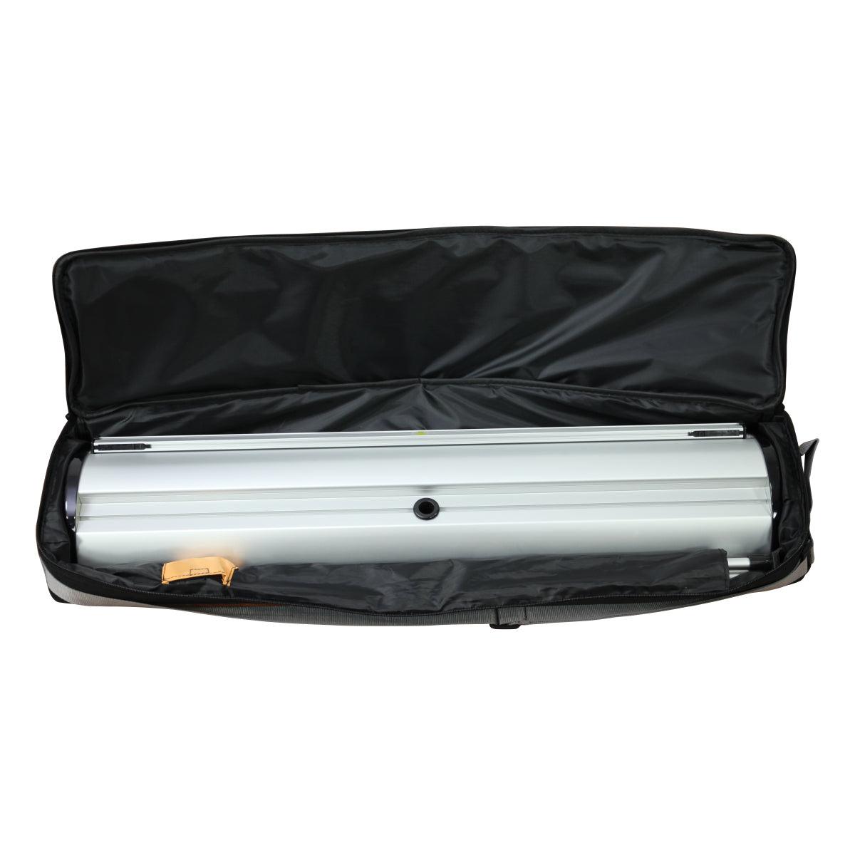 Rolled trade show banner stand in protective carrying case for exhibitions and events