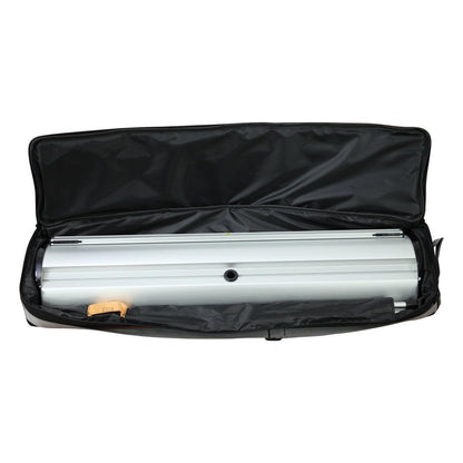 Rolled trade show banner stand in protective carrying case for exhibitions and events