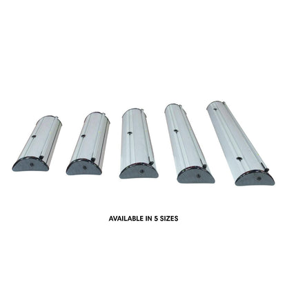 Retractable banner stands in five sizes for trade shows and exhibitions
