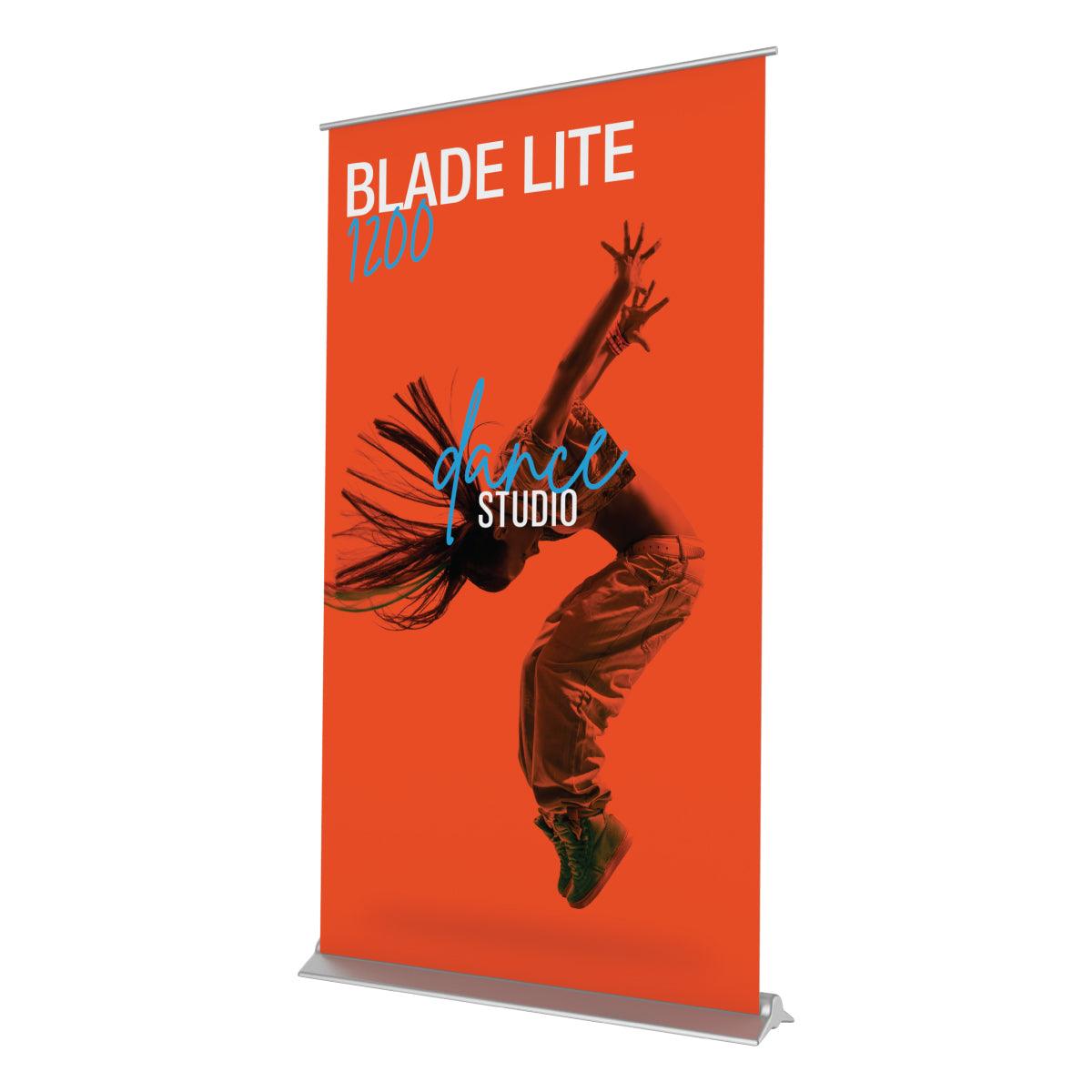 Retractable banner stand for trade shows featuring dynamic dance studio promotion with energetic dancer image