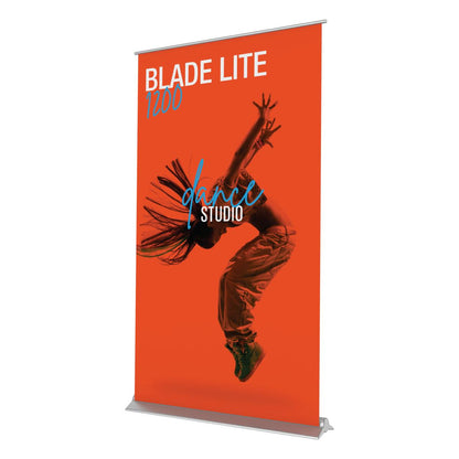 Retractable banner stand for trade shows featuring dynamic dance studio promotion with energetic dancer image
