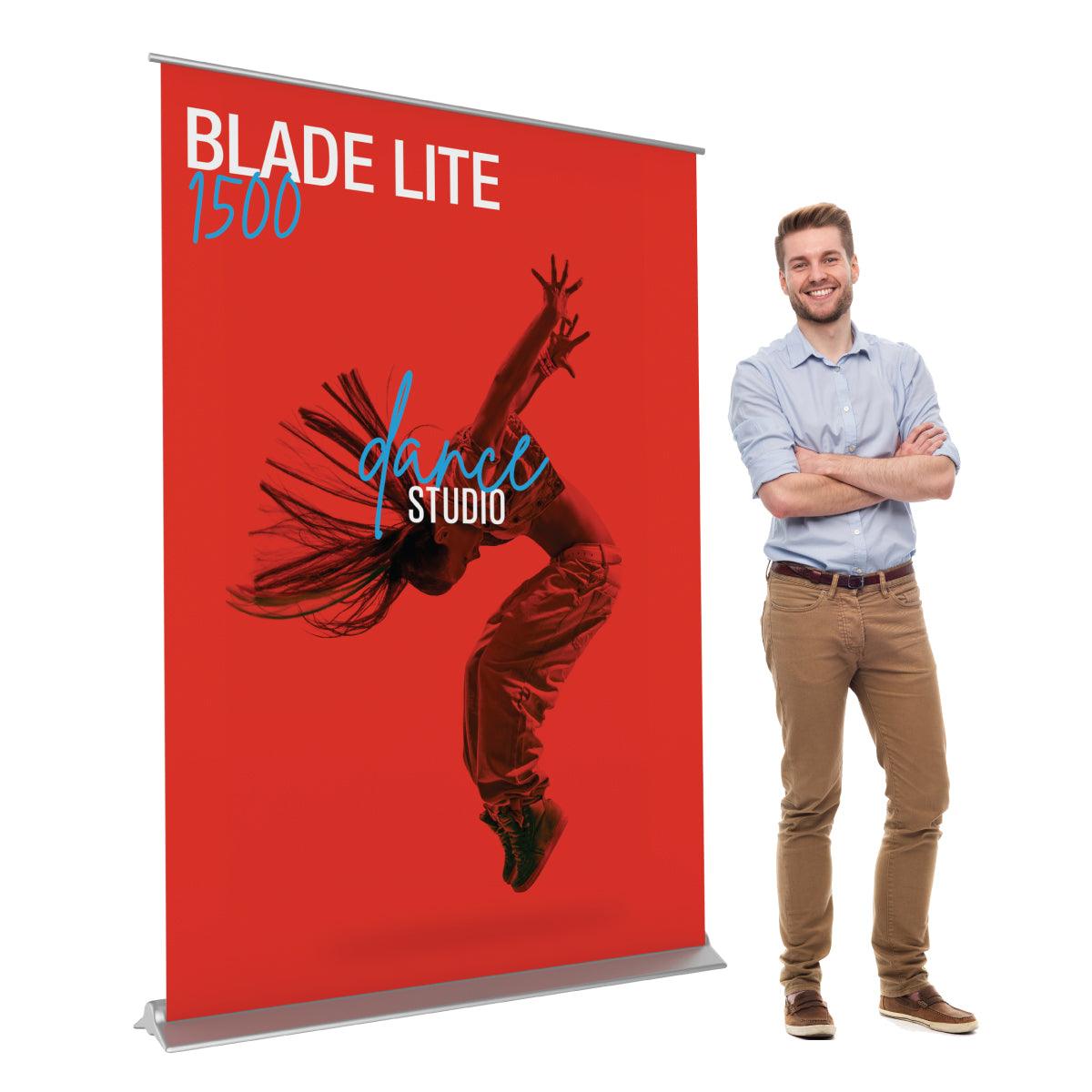 Blade Lite 1500 banner stand with dance studio design, ideal for trade shows and exhibitions, next to smiling man