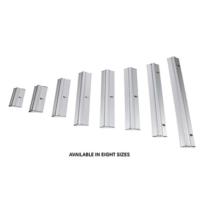 Eight sizes of portable banner stands for trade shows, exhibitions, and events displayed on white background