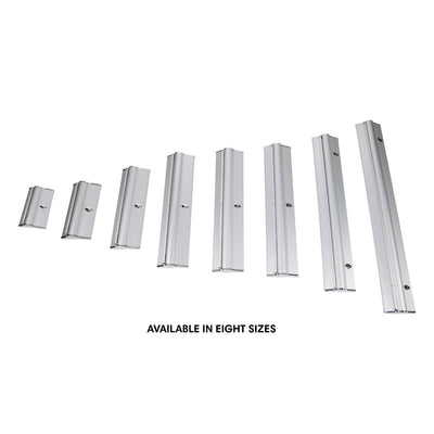 Eight sizes of compact banner stand bases for trade shows and exhibitions displayed in a row