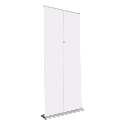 Retractable banner stand with blank display panel for trade shows and exhibitions