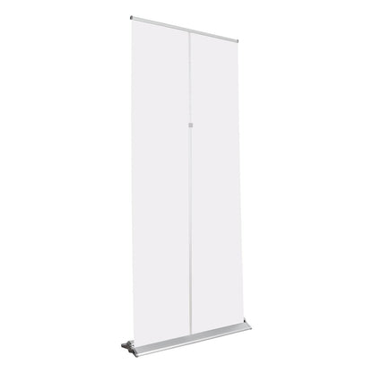Retractable banner stand with blank display panel for trade shows and exhibitions