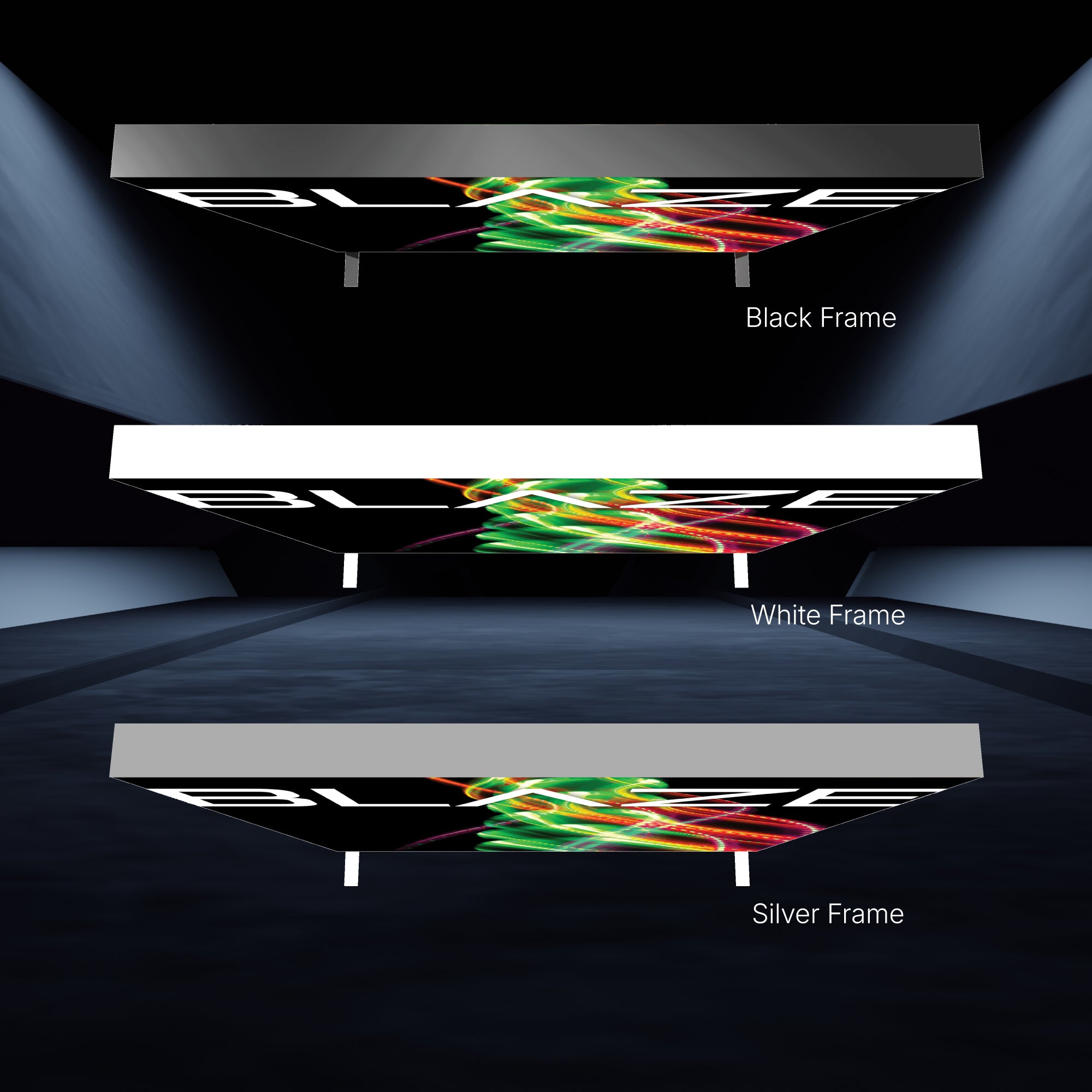 Three large illuminated overhead light boxes with different frame finishes for trade shows and exhibitions