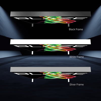 Three large illuminated overhead light boxes with different frame finishes for trade shows and exhibitions