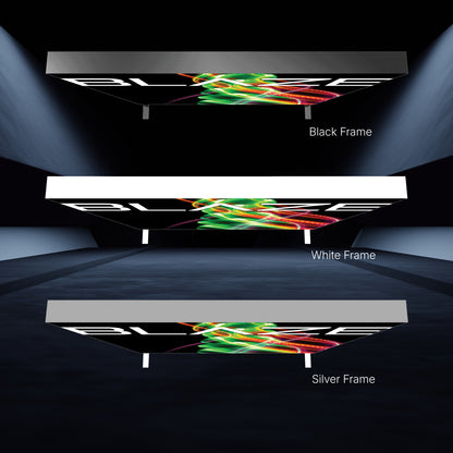 Three large illuminated overhead light boxes with different frame finishes for trade shows and exhibitions