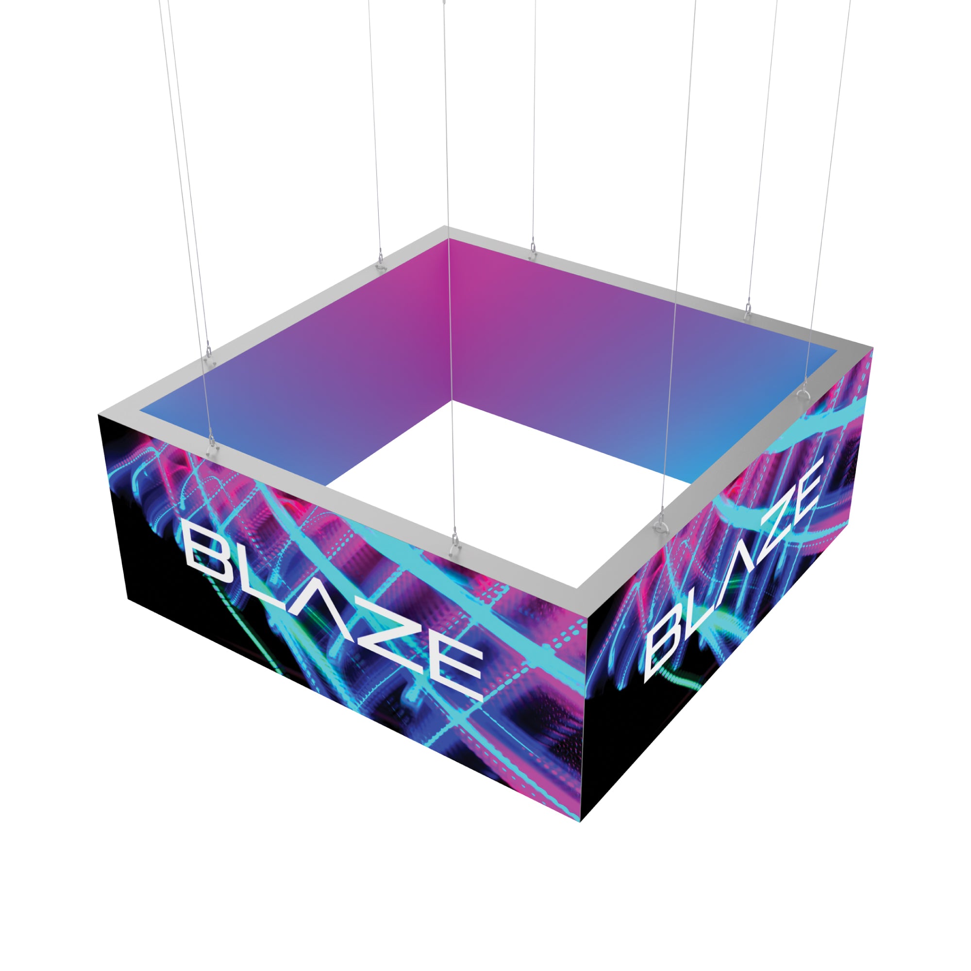 Suspended square lightbox with vibrant graphics and Blaze branding for trade shows and exhibitions