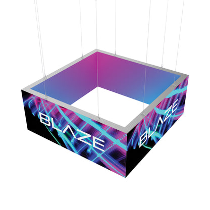 Suspended square lightbox with vibrant graphics and Blaze branding for trade shows and exhibitions