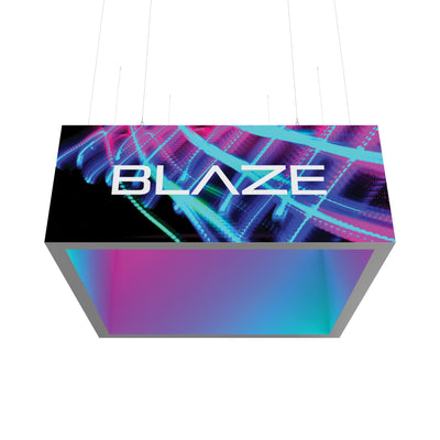 Suspended square lightbox display with dynamic graphic and Blaze branding for trade show and exhibition signage