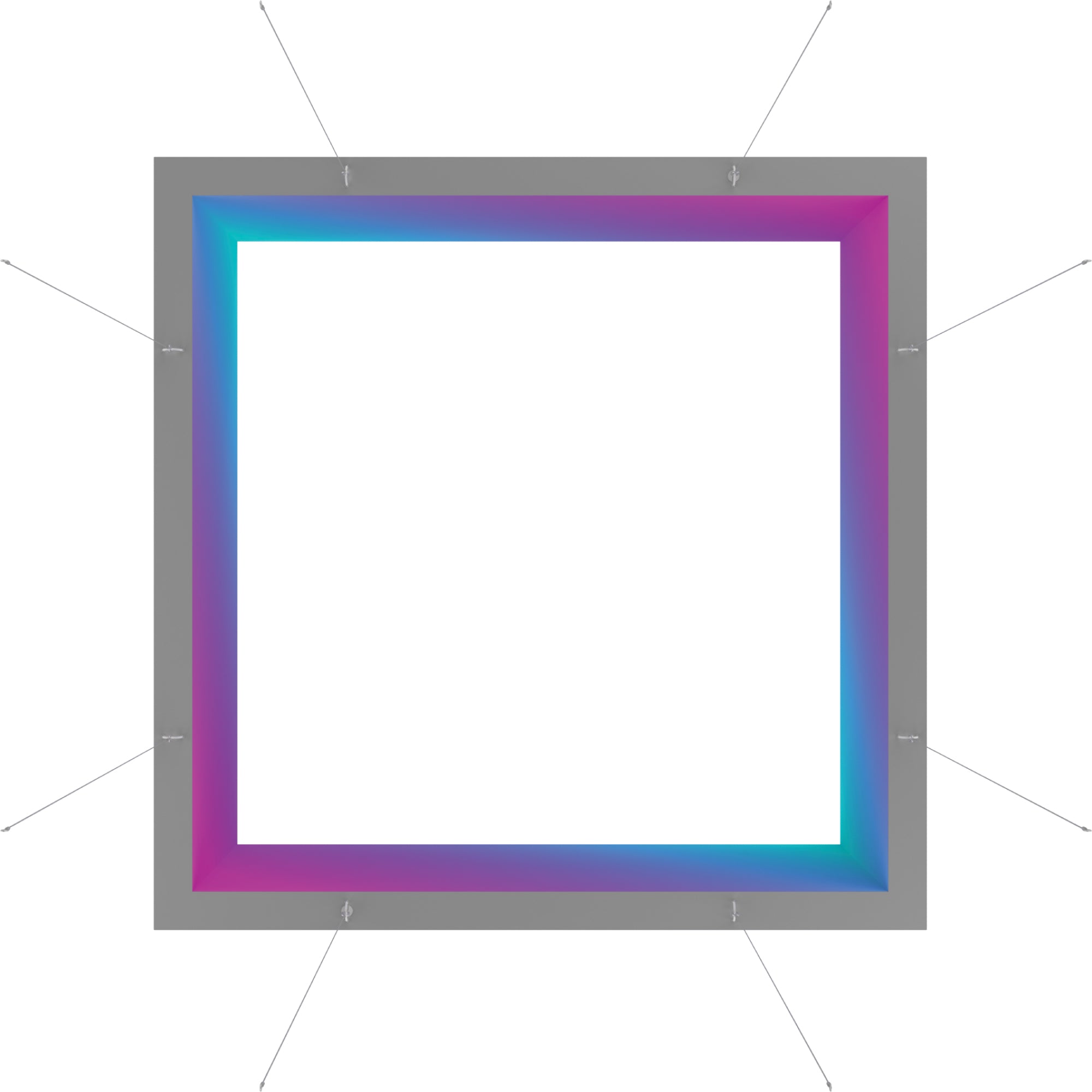Hanging square illuminated frame with gradient edge detailing for trade shows and exhibitions