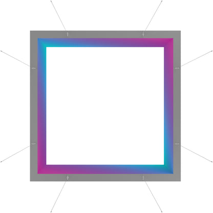 Hanging square illuminated frame with gradient edge detailing for trade shows and exhibitions
