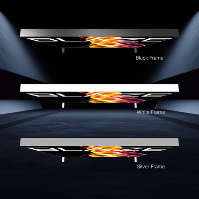 Overhead illuminated lightbox displays with black, white, and silver frames for trade shows and exhibitions
