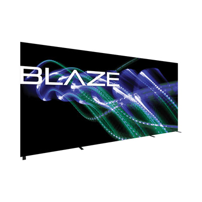 Large fabric lightbox display with dynamic graphic and BLAZE branding for trade shows