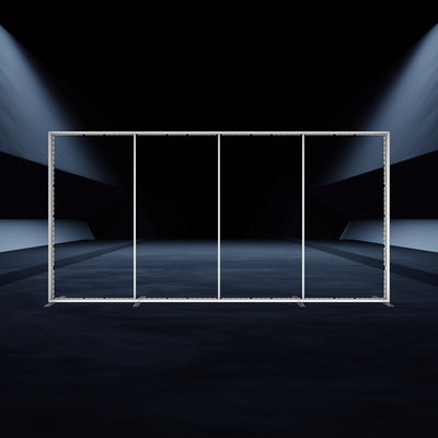 Modular trade show backdrop frame with multiple vertical panels in a dark exhibition space